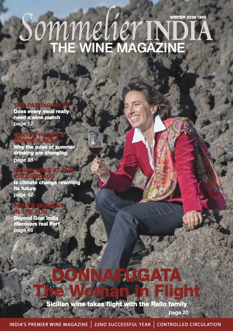 Sommelier India, Winter 2026: Donnafugata: The Woman in Flight, featuring José Rallo with a glass of wine against Sicily's volcanic rocks